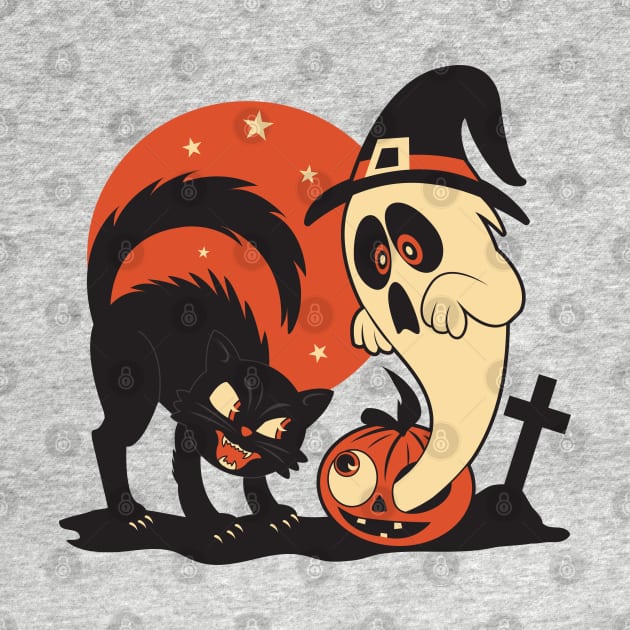 Vintage Halloween Cat and Ghost Scene by Kappacino Creations